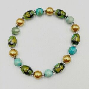 Vintage Earth Tone Beaded Stretch Bracelet Green Art Glass Gold Pearl Accent Y2K
